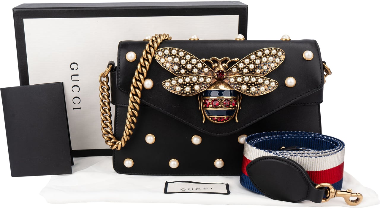 Gucci Gucci Black Leather Queen Margaret Bee Shoulder Bag Zwart
