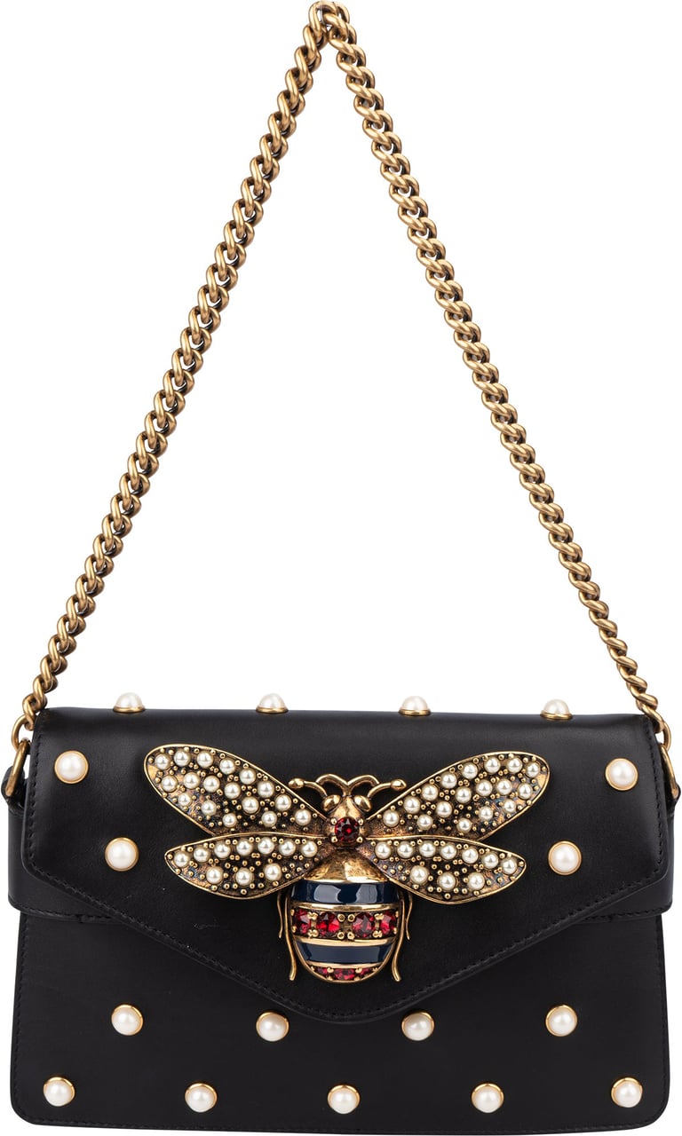 Gucci Gucci Black Leather Queen Margaret Bee Shoulder Bag Zwart