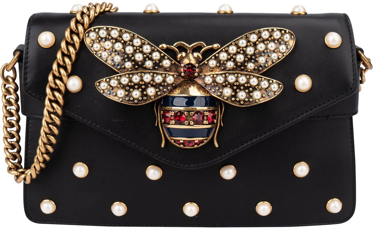Gucci Gucci Black Leather Queen Margaret Bee Shoulder Bag Zwart