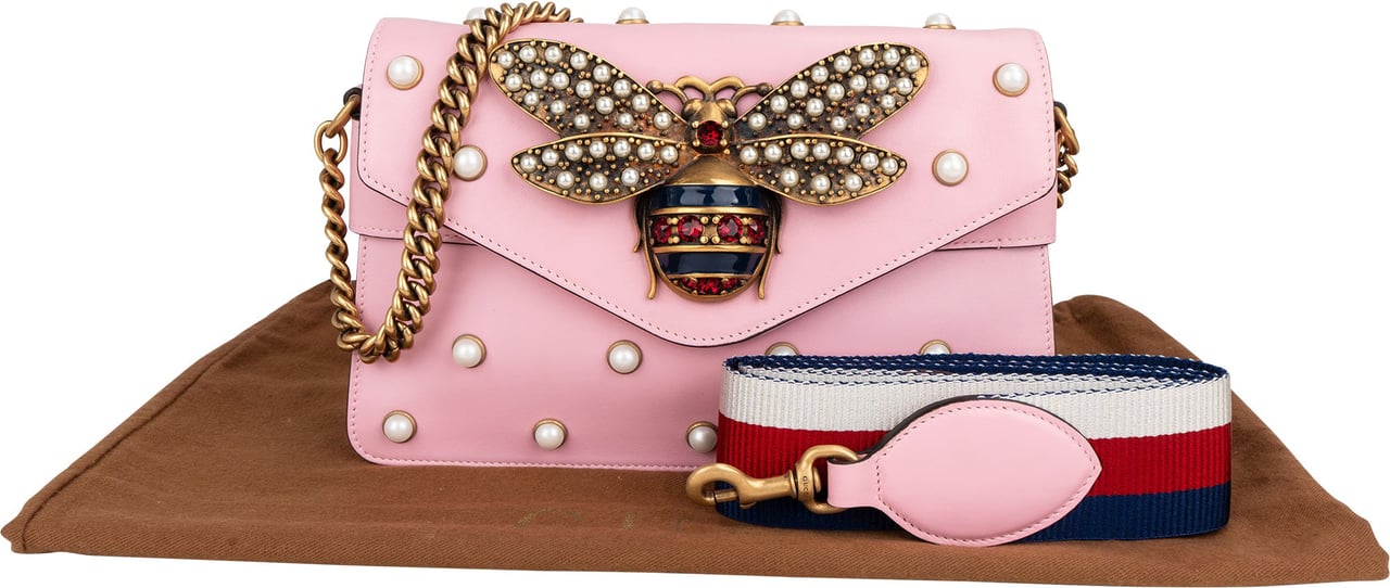 Gucci Gucci Pink Leather Queen Margaret Bee Shoulder Bag Roze