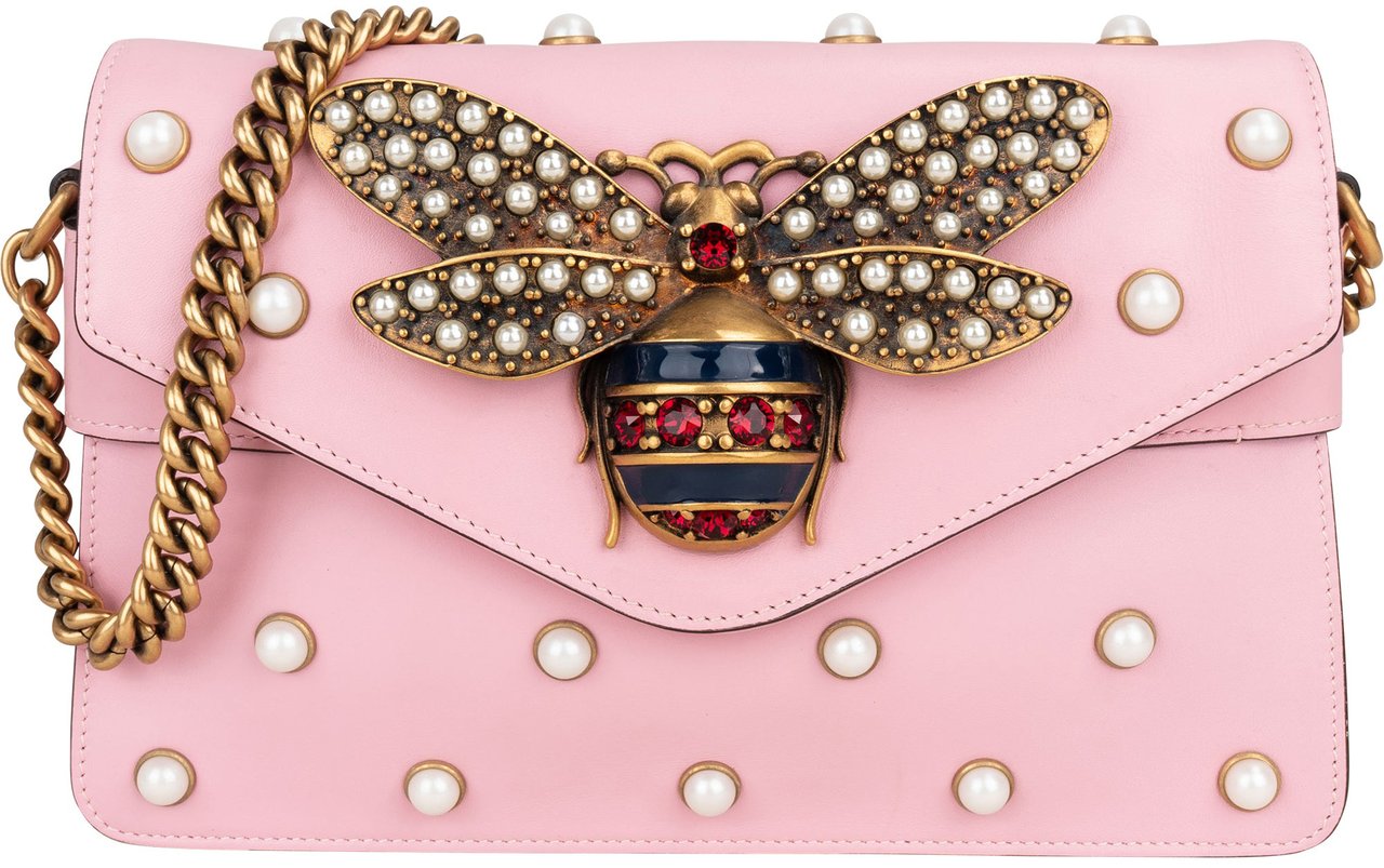 Gucci Gucci Pink Leather Queen Margaret Bee Shoulder Bag Roze