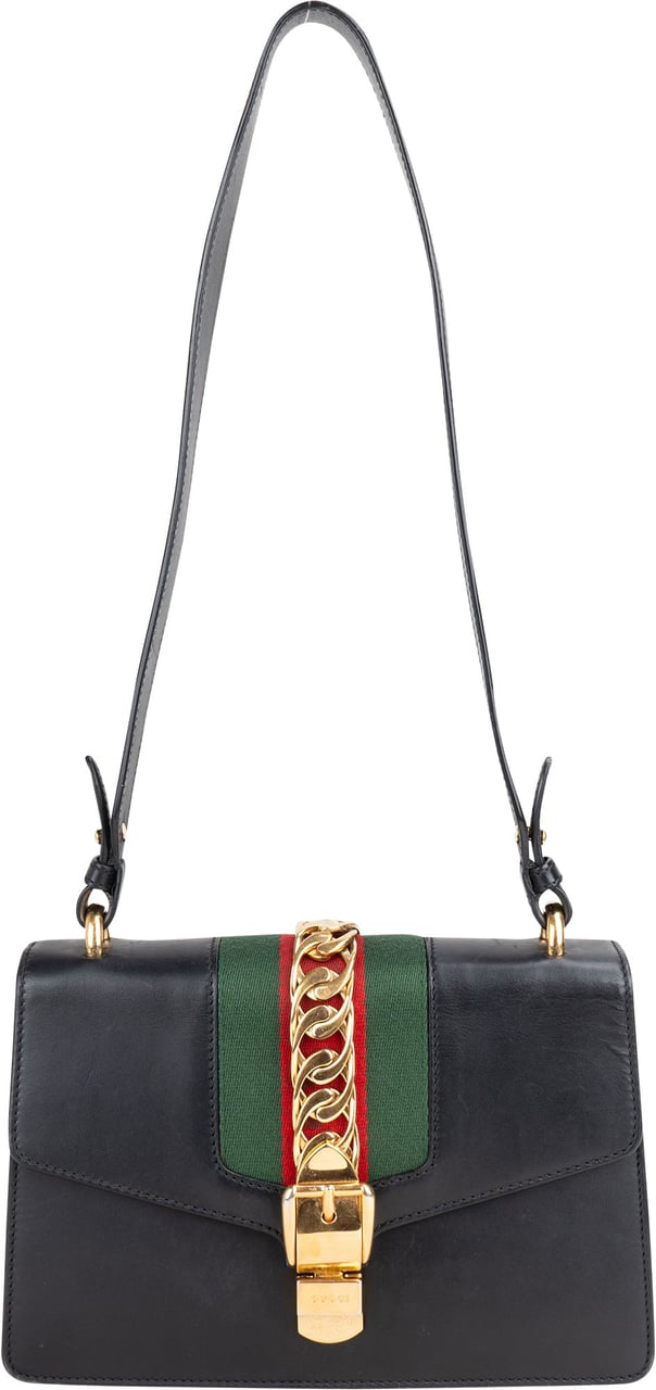Gucci Gucci Black Leather Sylvie Shoulder Bag Zwart