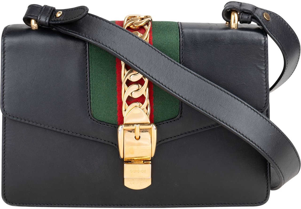 Gucci Gucci Black Leather Sylvie Shoulder Bag Zwart