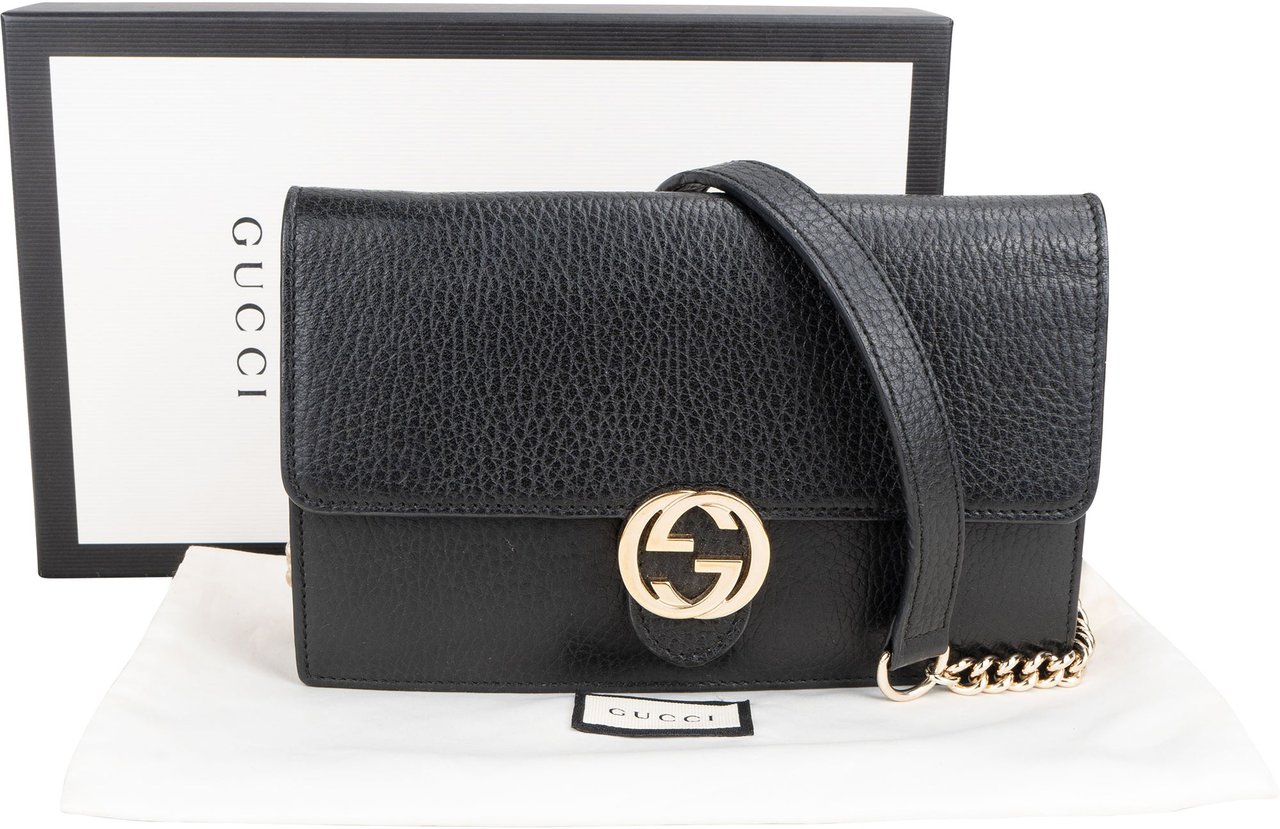 Gucci Gucci Black Leather Wallet On Chain Crossbody Bag Zwart
