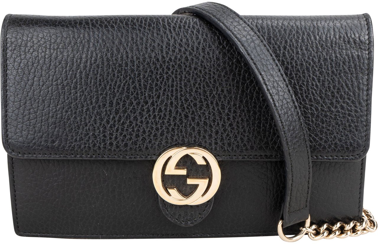 Gucci Gucci Black Leather Wallet On Chain Crossbody Bag Zwart