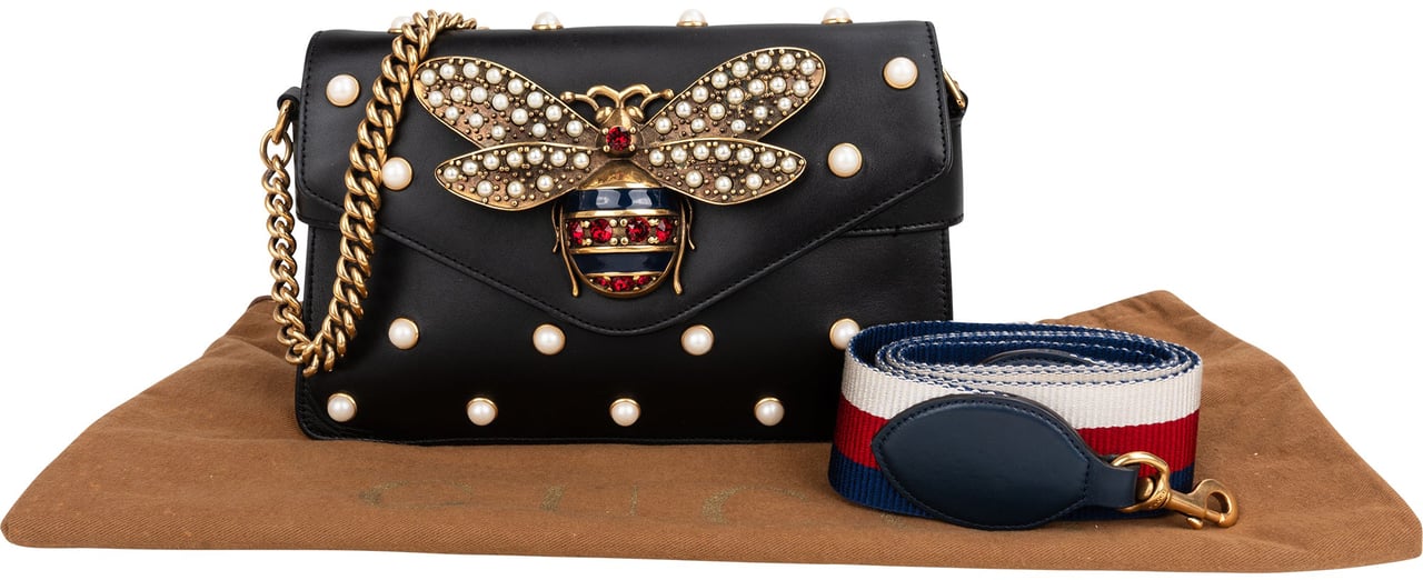 Gucci Gucci Black Leather Queen Margaret Bee Shoulder Bag Zwart