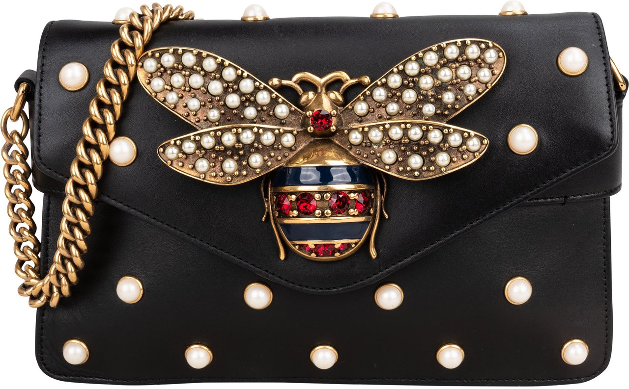 Gucci Gucci Black Leather Queen Margaret Bee Shoulder Bag Zwart