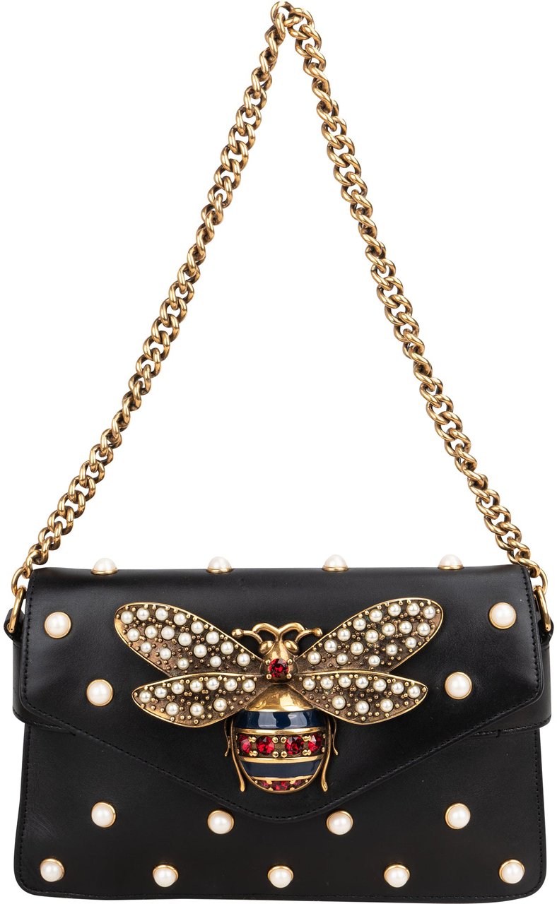 Gucci Gucci Black Leather Queen Margaret Bee Shoulder Bag Zwart