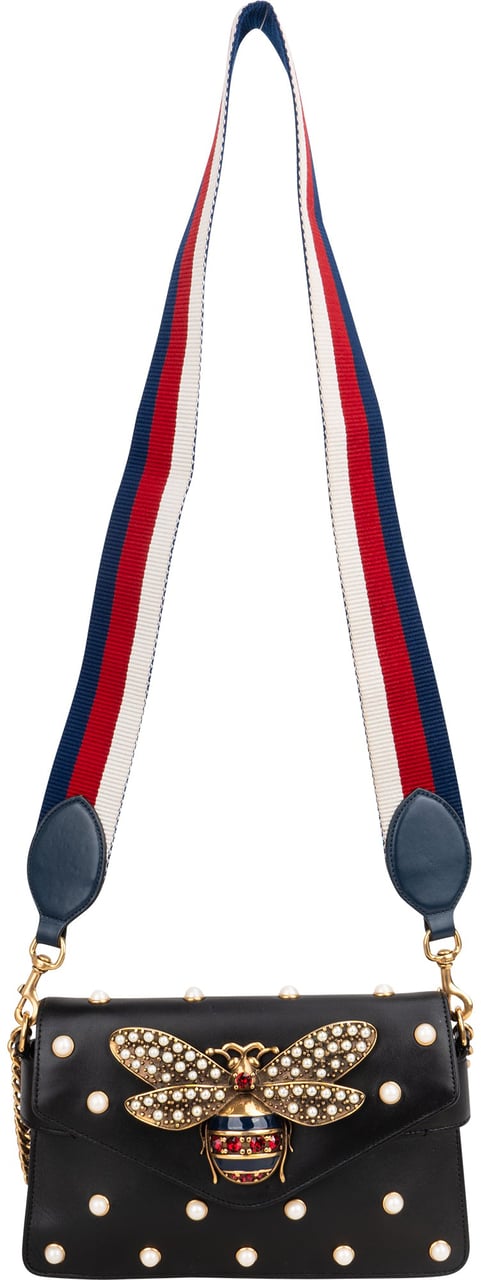 Gucci Gucci Black Leather Queen Margaret Bee Shoulder Bag Zwart