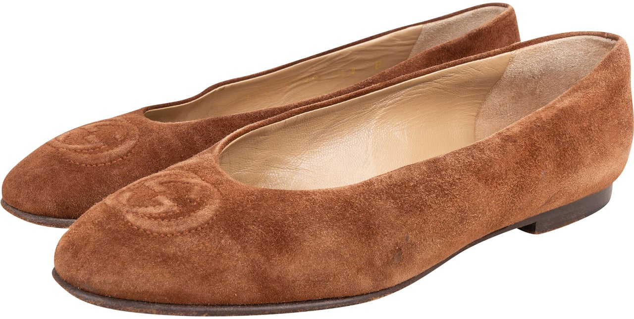 Gucci Gucci Brown Suede Leather GG Ballerinas (36) Bruin