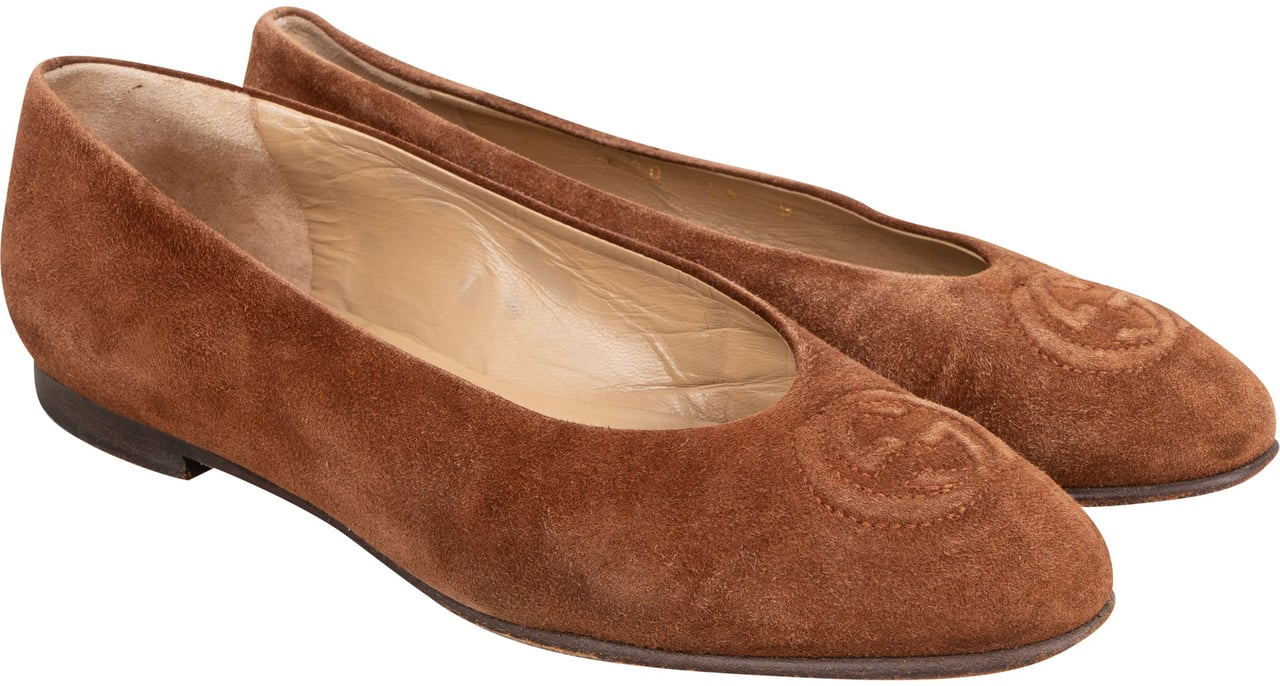 Gucci Gucci Brown Suede Leather GG Ballerinas (36) Bruin