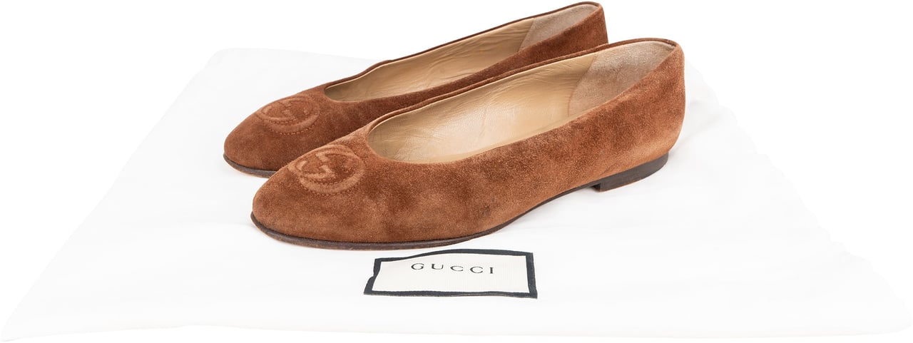 Gucci Brown Suede Leather GG Ballerinas (36) Divers