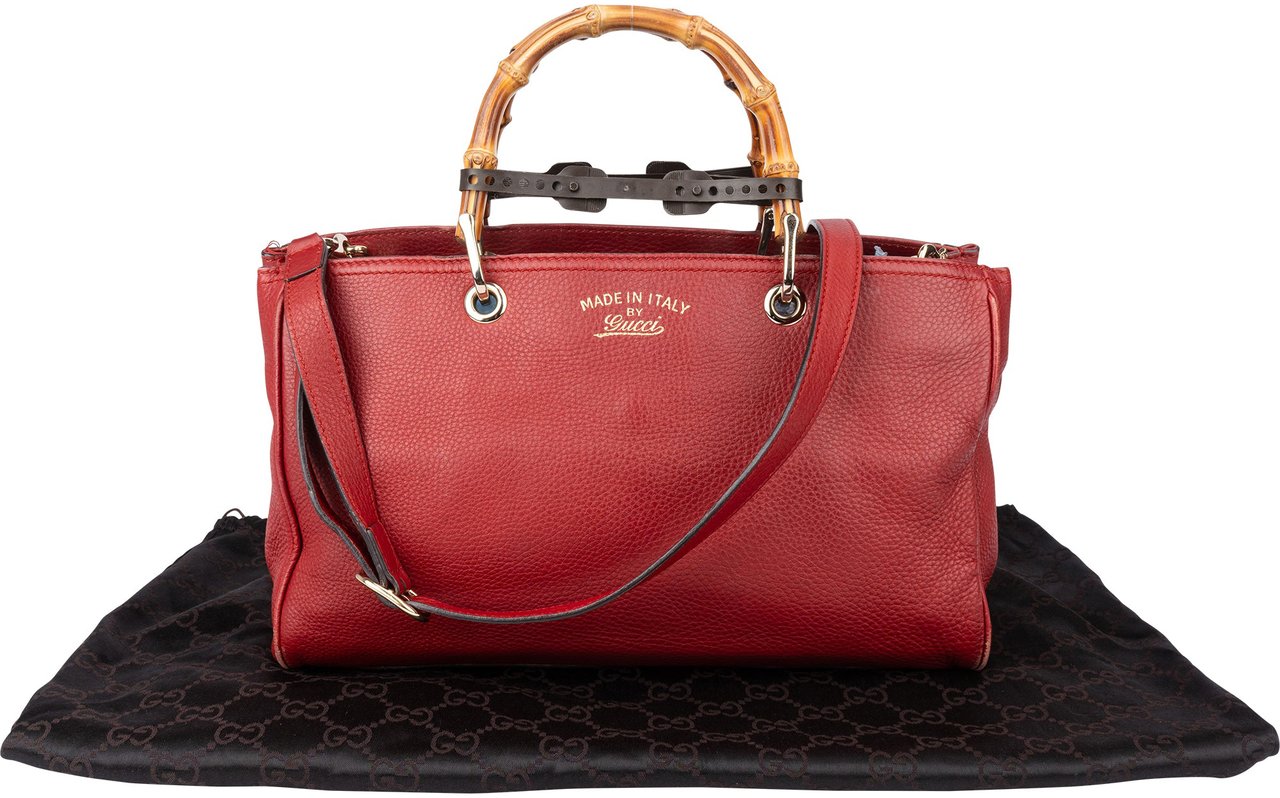 Gucci Red Leather Bamboo Handbag Divers