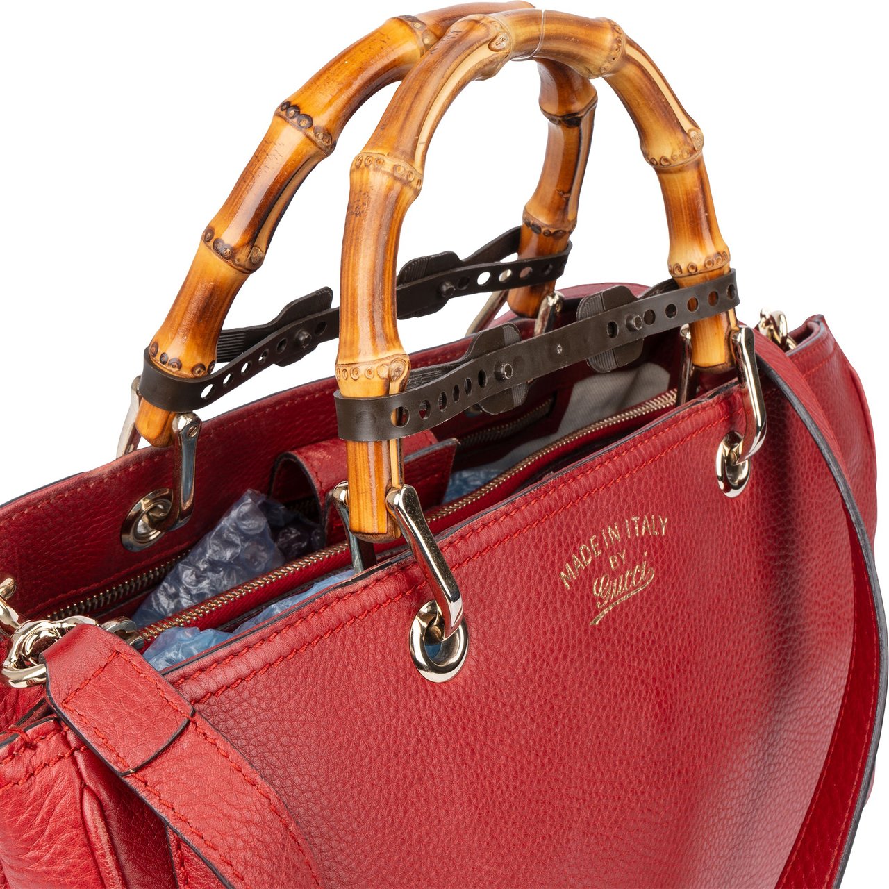 Gucci Red Leather Bamboo Handbag Divers