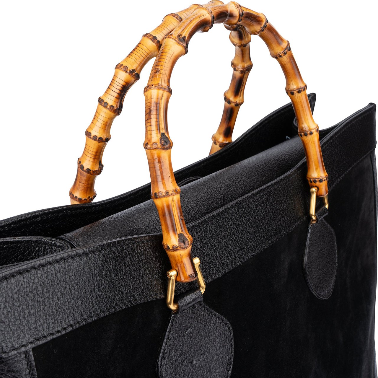 Gucci Black Suede Bamboo Handbag Zwart