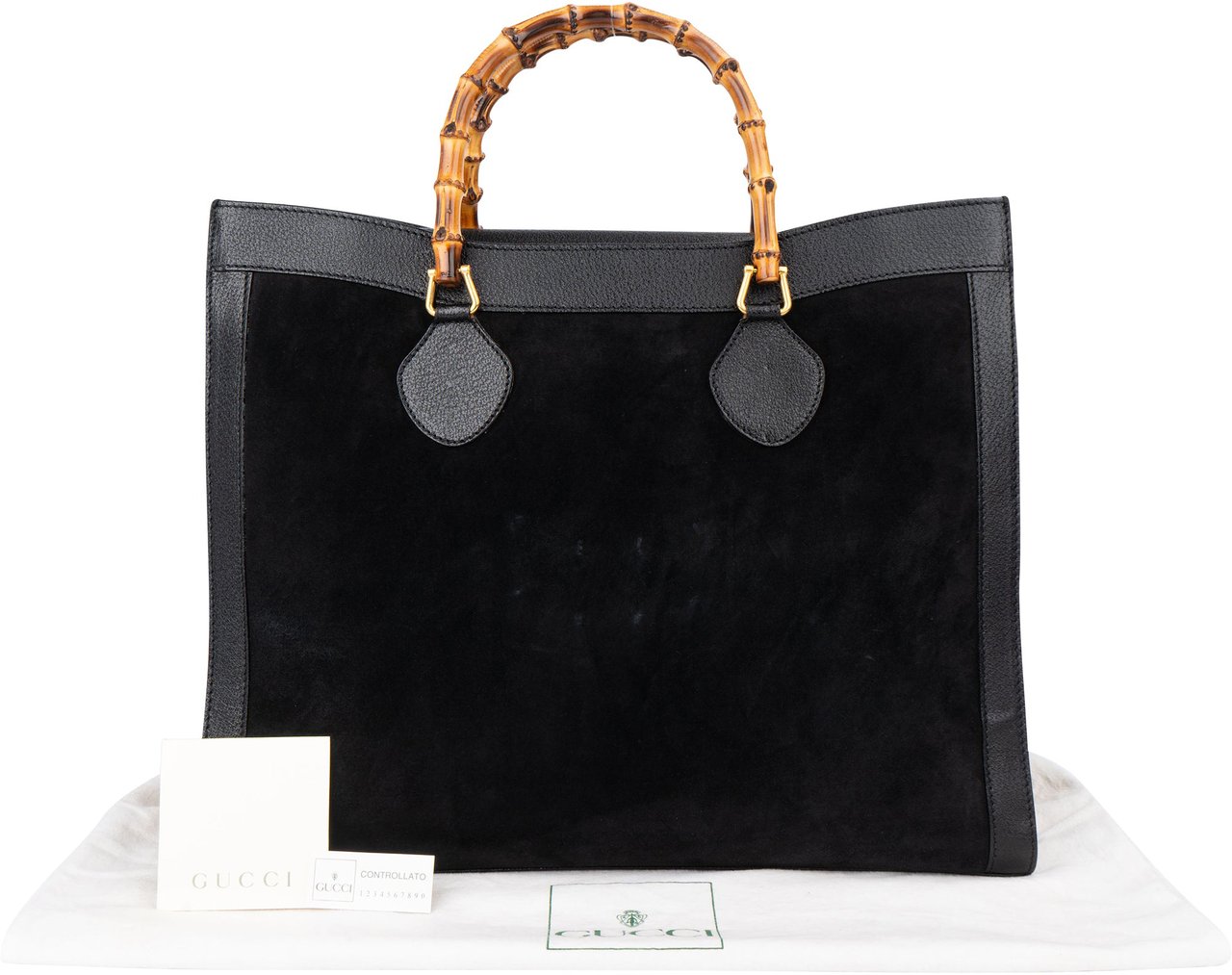 Gucci Black Suede Bamboo Handbag Zwart