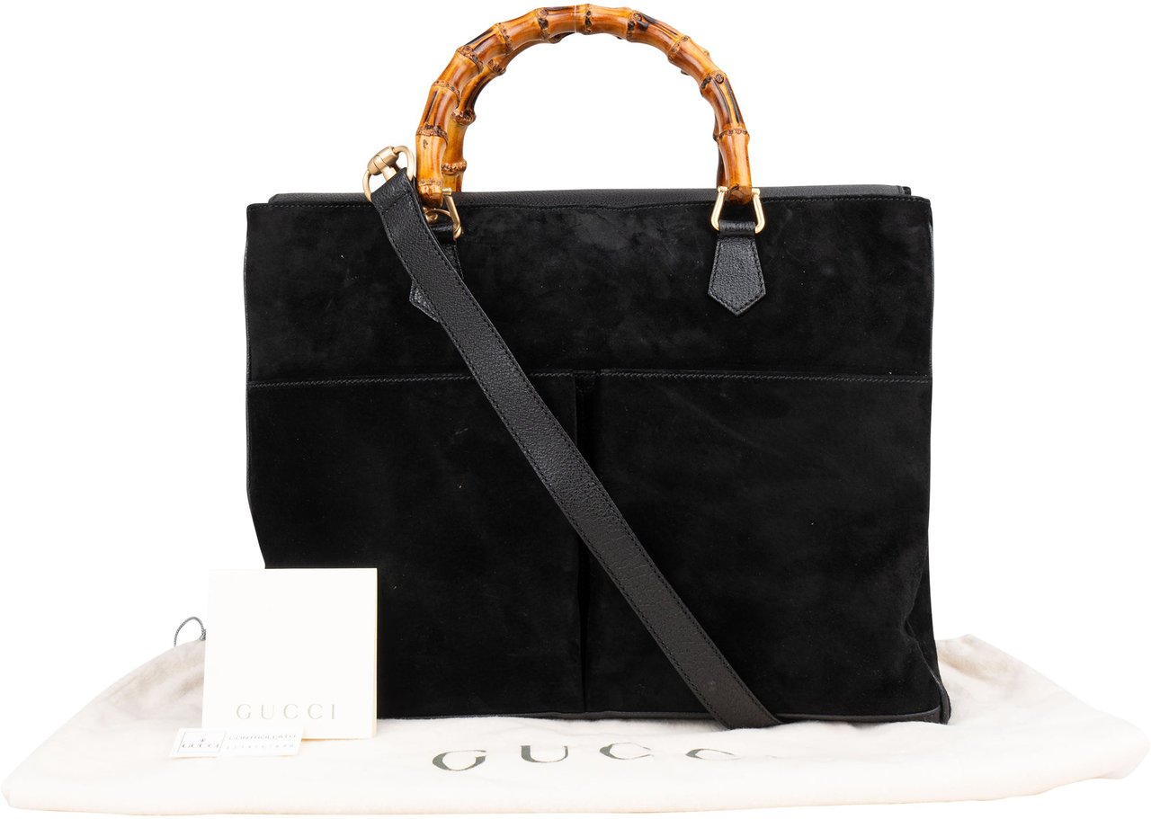 Gucci Gucci Black Suede Bamboo Handbag Zwart
