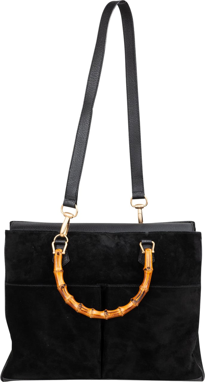 Gucci Gucci Black Suede Bamboo Handbag Zwart