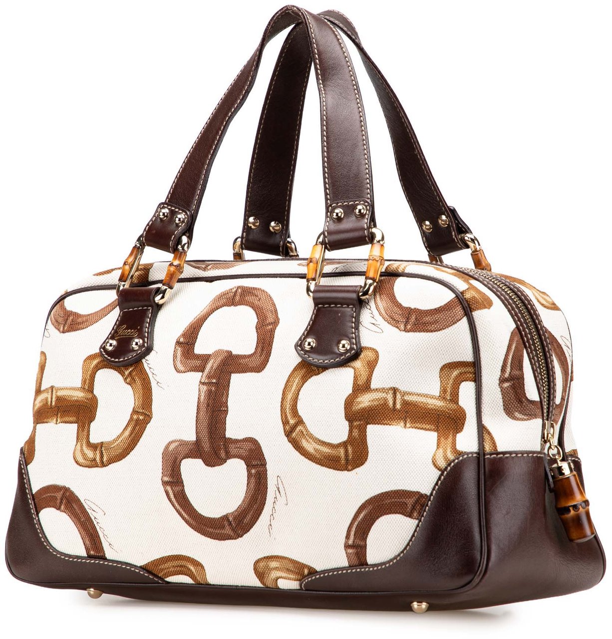 Gucci Printed Canvas Bamboo Horsebit Handbag Wit