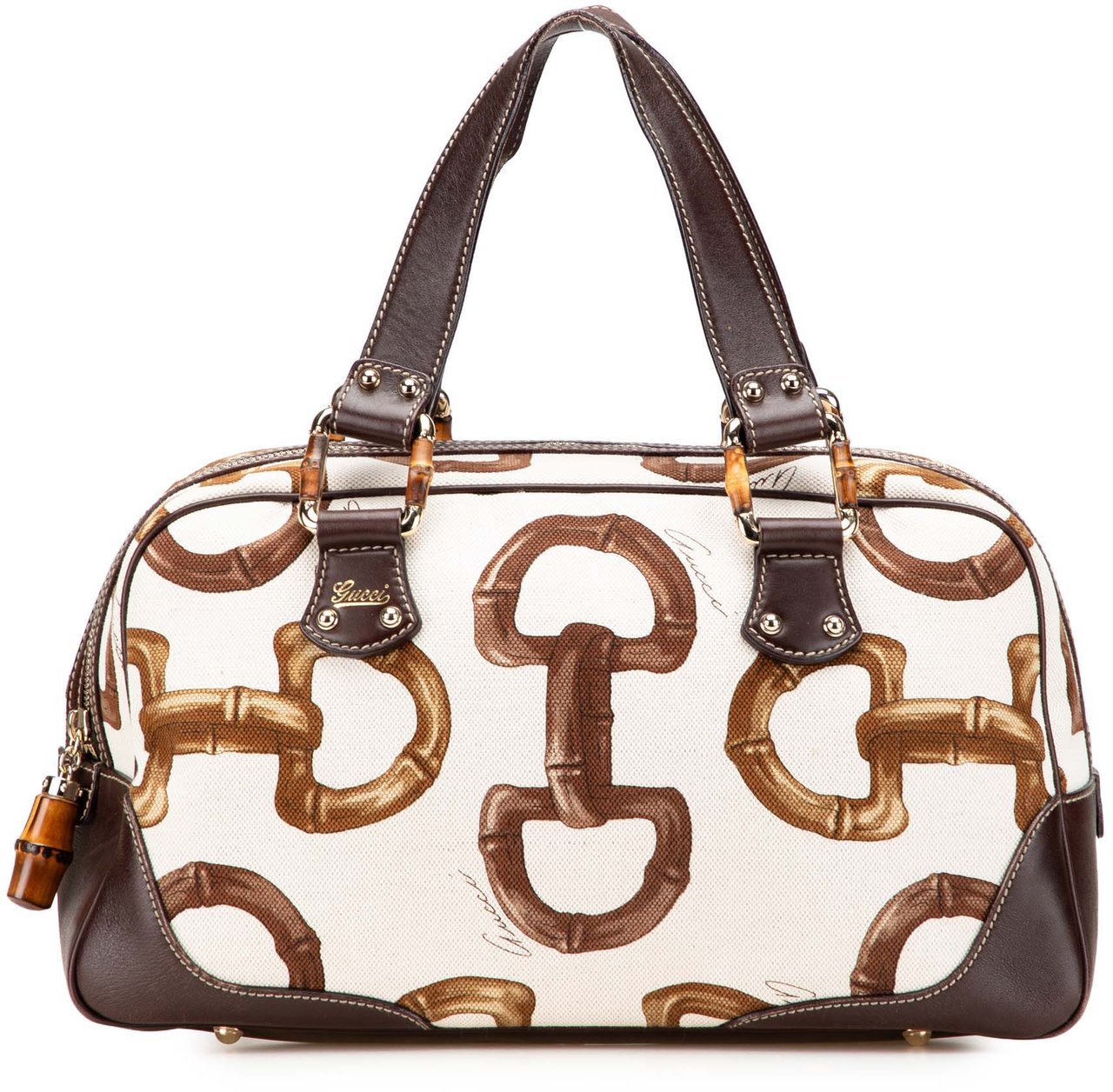 Gucci Printed Canvas Bamboo Horsebit Handbag Wit