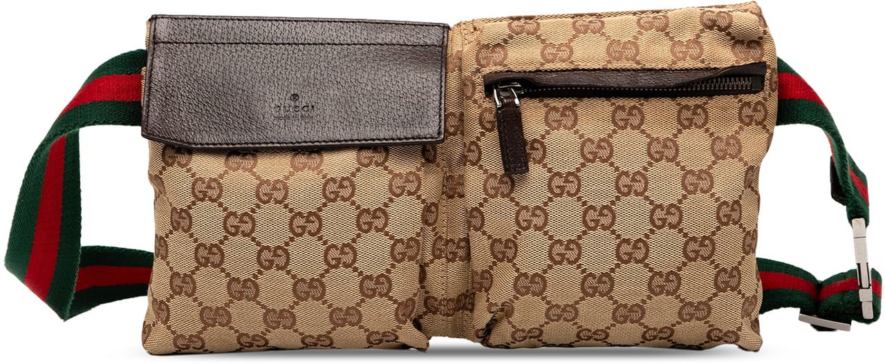 Gucci GG Canvas Web Double Pocket Belt Bag Bruin