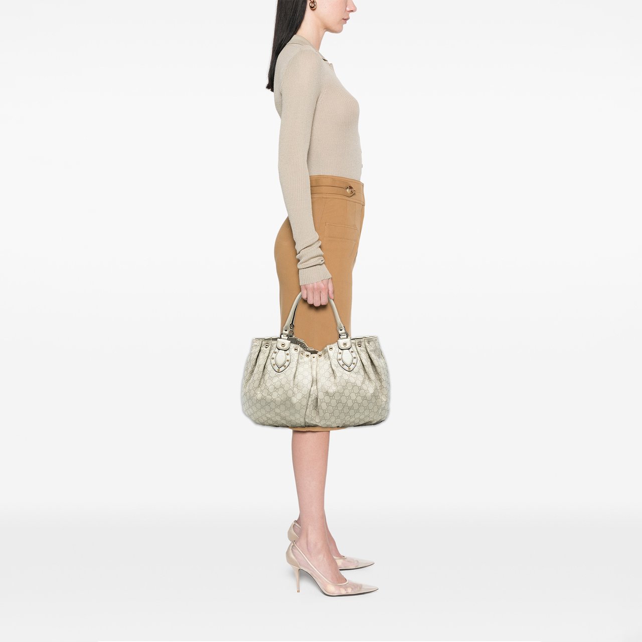 Gucci Large Guccissima Studded Pelham Tote Bruin