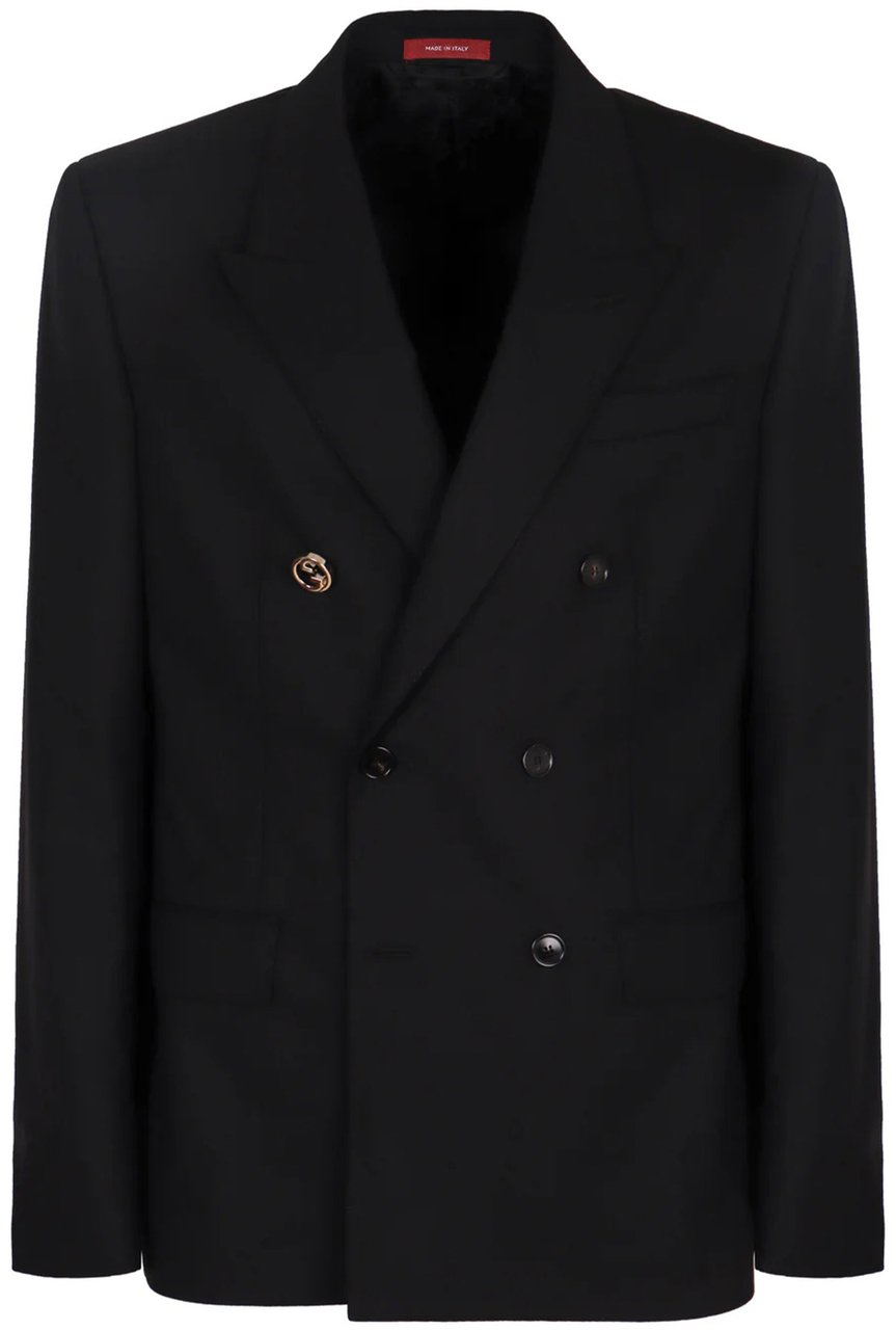 Gucci Black Double-Breasted Structured Wool Jacket Zwart
