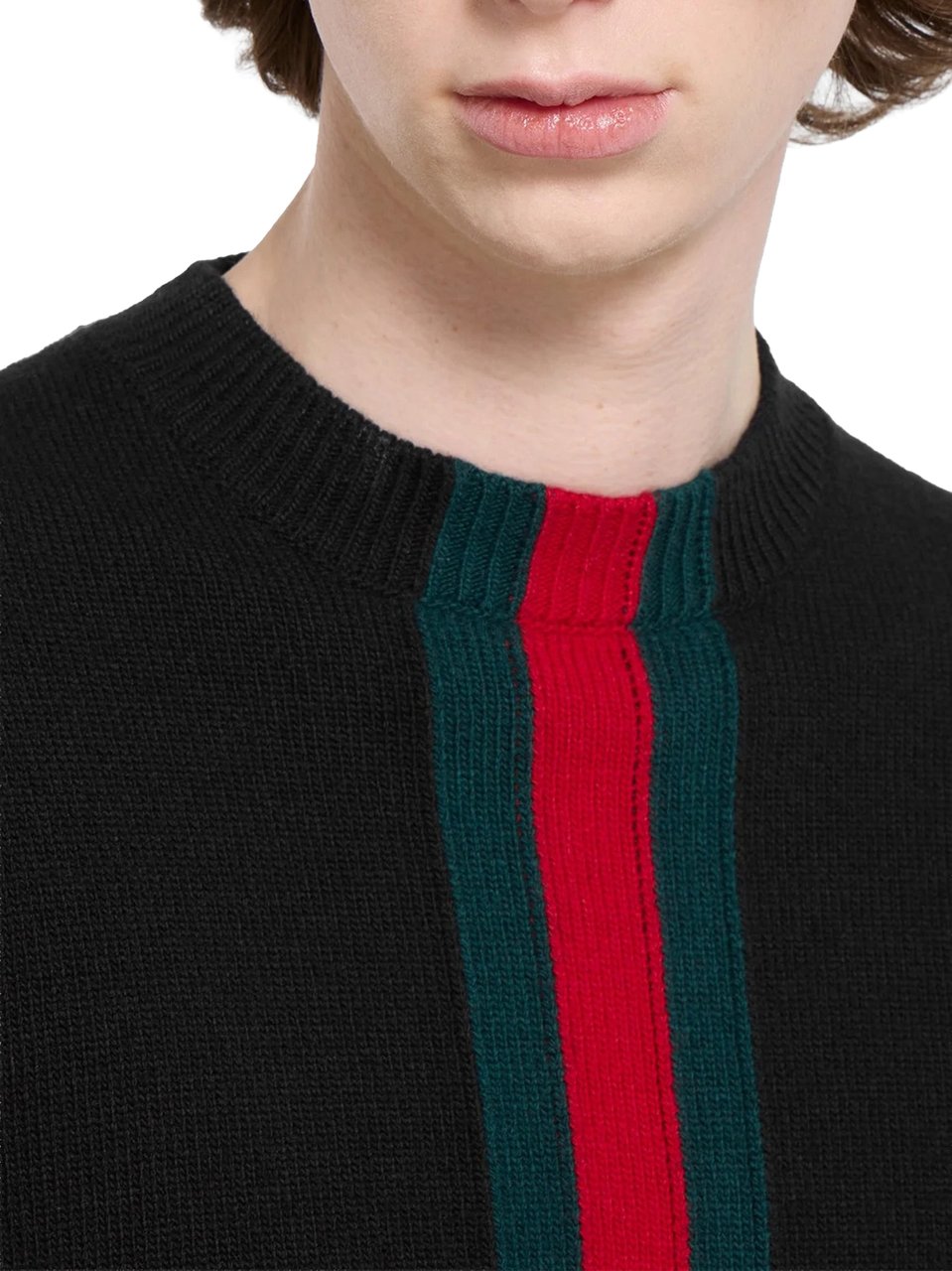 Gucci Black Knit Sweater Red/Green Vertical Stripes Zwart