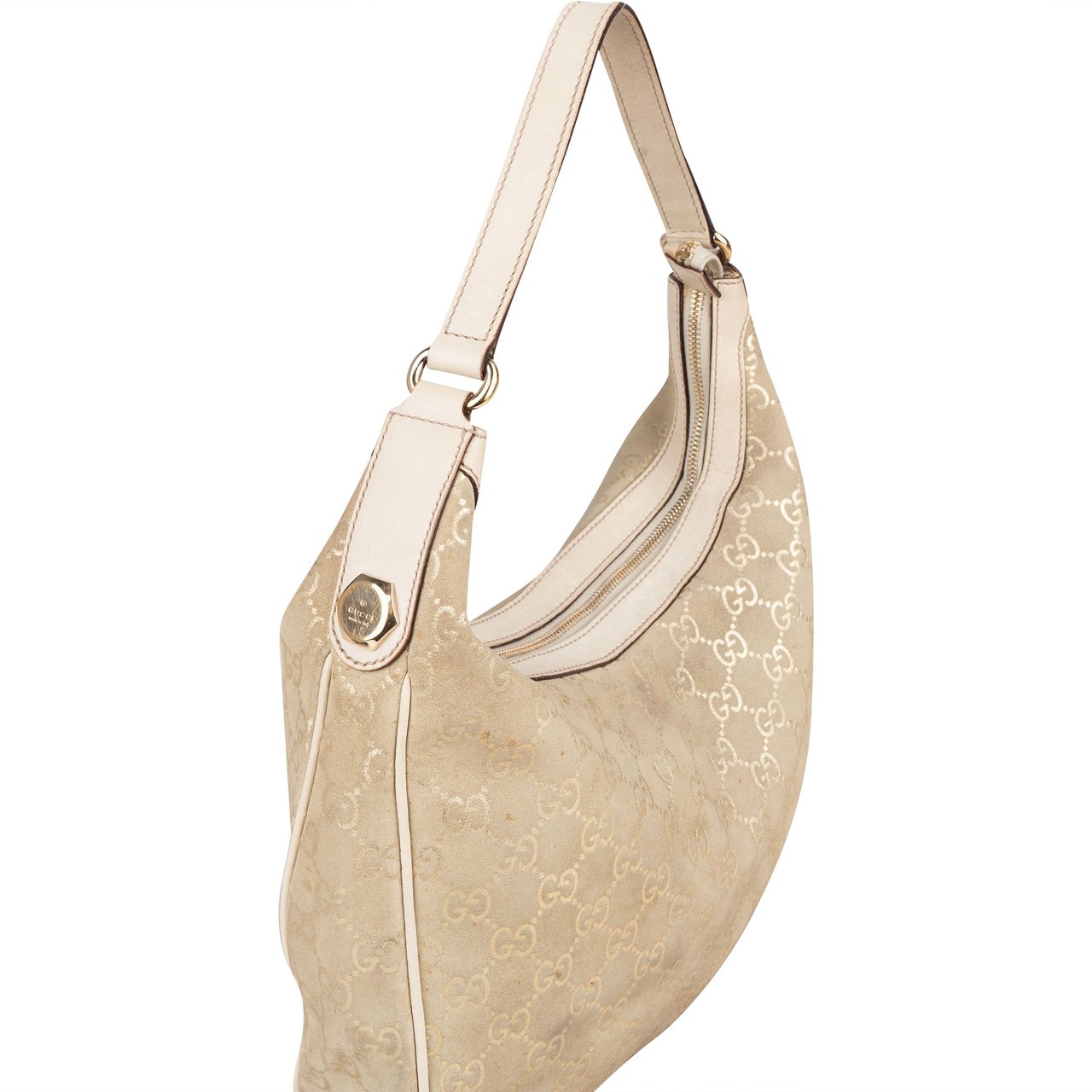 Gucci Gucci Gold Tone Suede GG Monogram Hobo Bag Goud