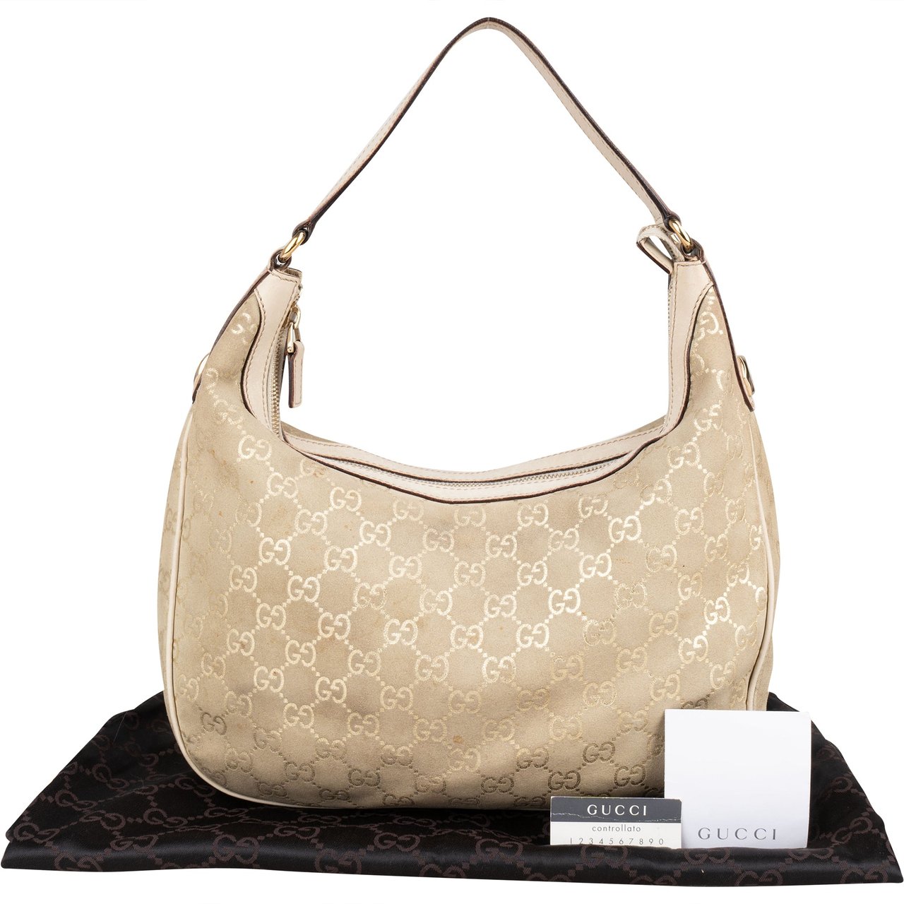 Gucci Gucci Gold Tone Suede GG Monogram Hobo Bag Goud