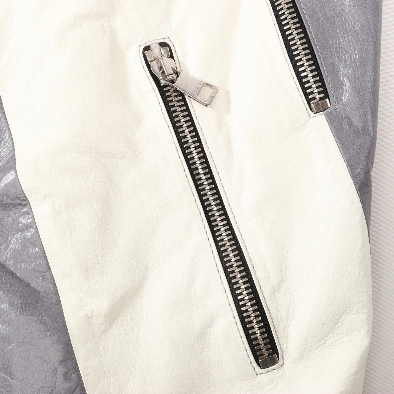 Gucci Gucci Litriang Leather Biker Jacket in Metallic Gray x White x Black, 48 IT Divers