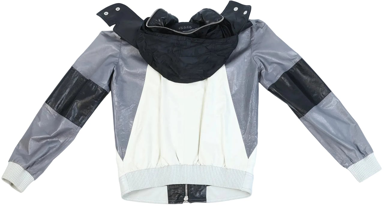 Gucci Gucci Litriang Leather Biker Jacket in Metallic Gray x White x Black, 48 IT Divers
