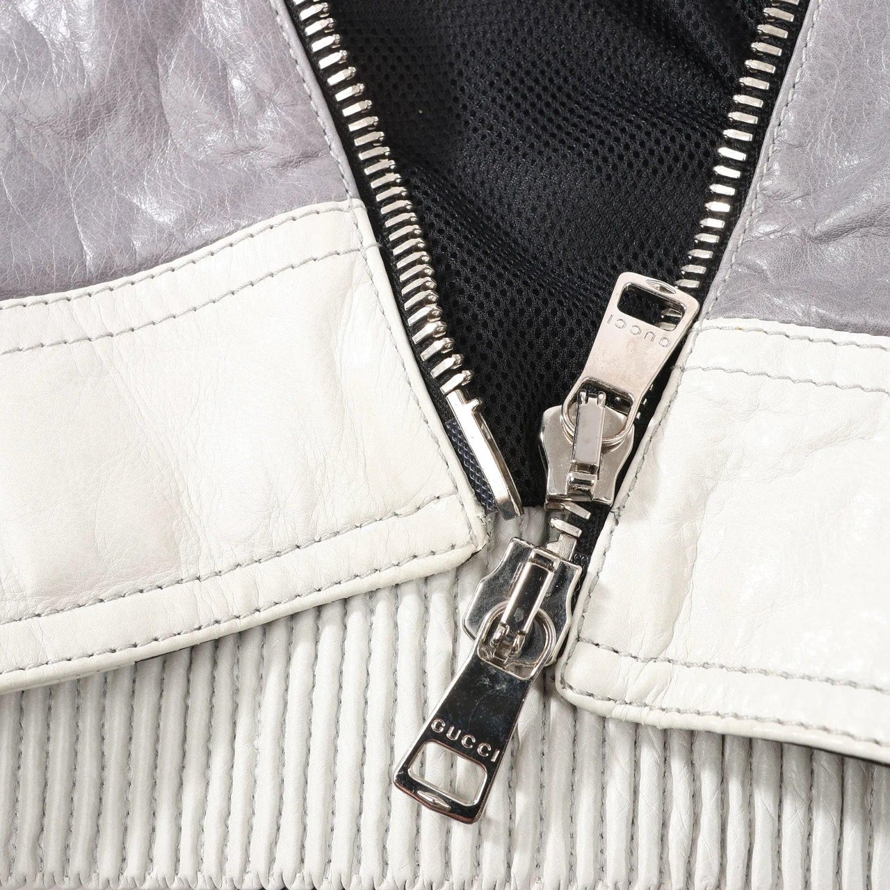 Gucci Gucci Litriang Leather Biker Jacket in Metallic Gray x White x Black, 48 IT Divers