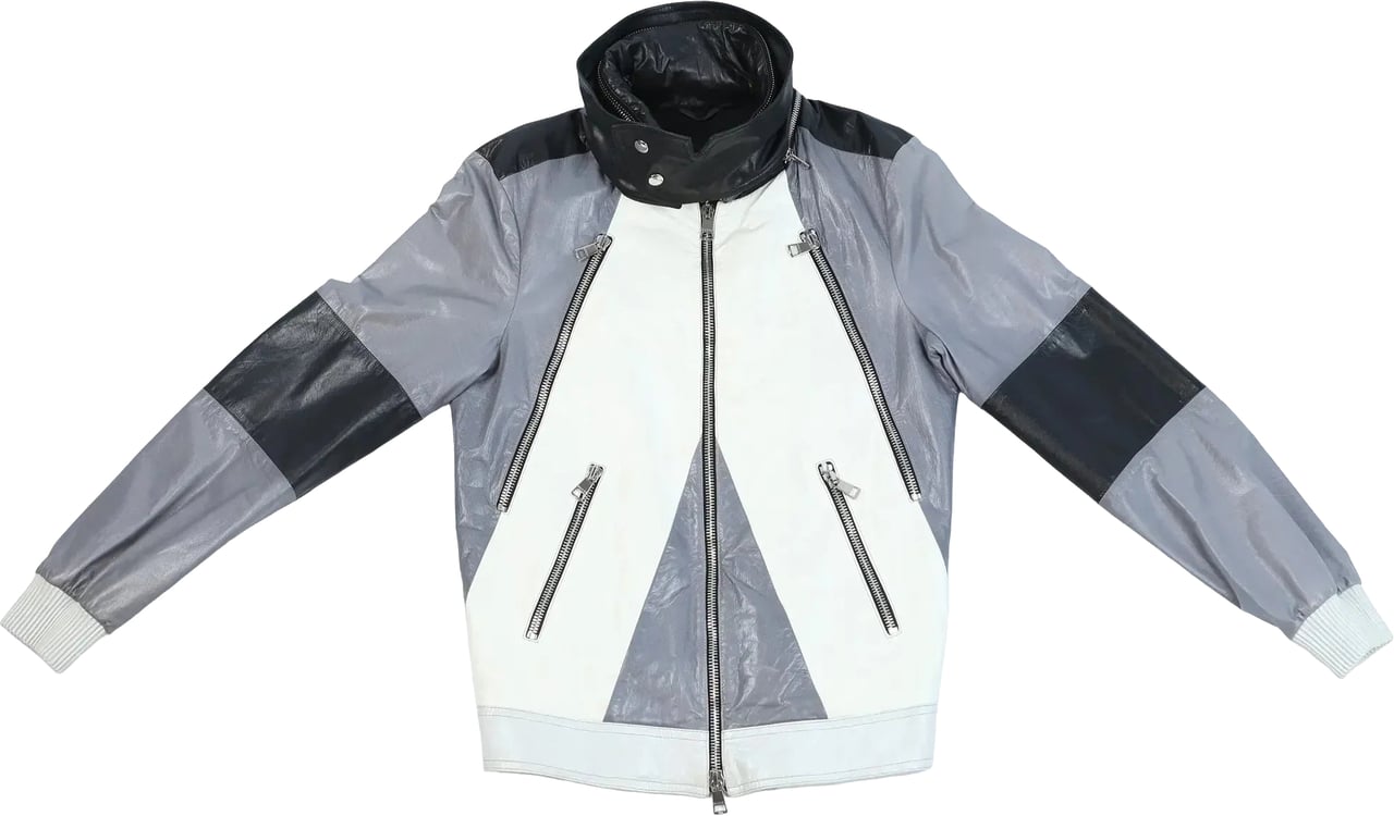Gucci Gucci Litriang Leather Biker Jacket in Metallic Gray x White x Black, 48 IT Divers