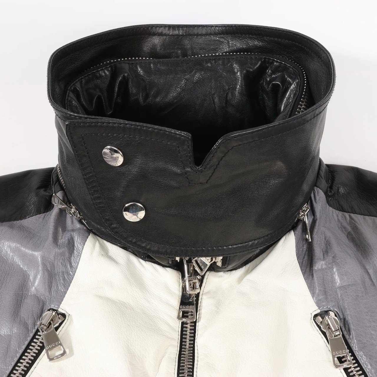 Gucci Gucci Litriang Leather Biker Jacket in Metallic Gray x White x Black, 48 IT Divers