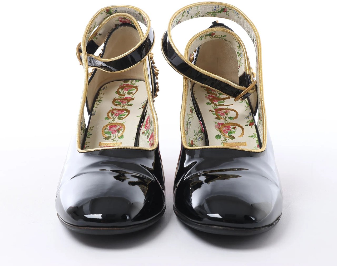 Gucci Caspar Patent Leather Strap Pumps in Black×Gold 492050, Size EU 38.5 Zwart