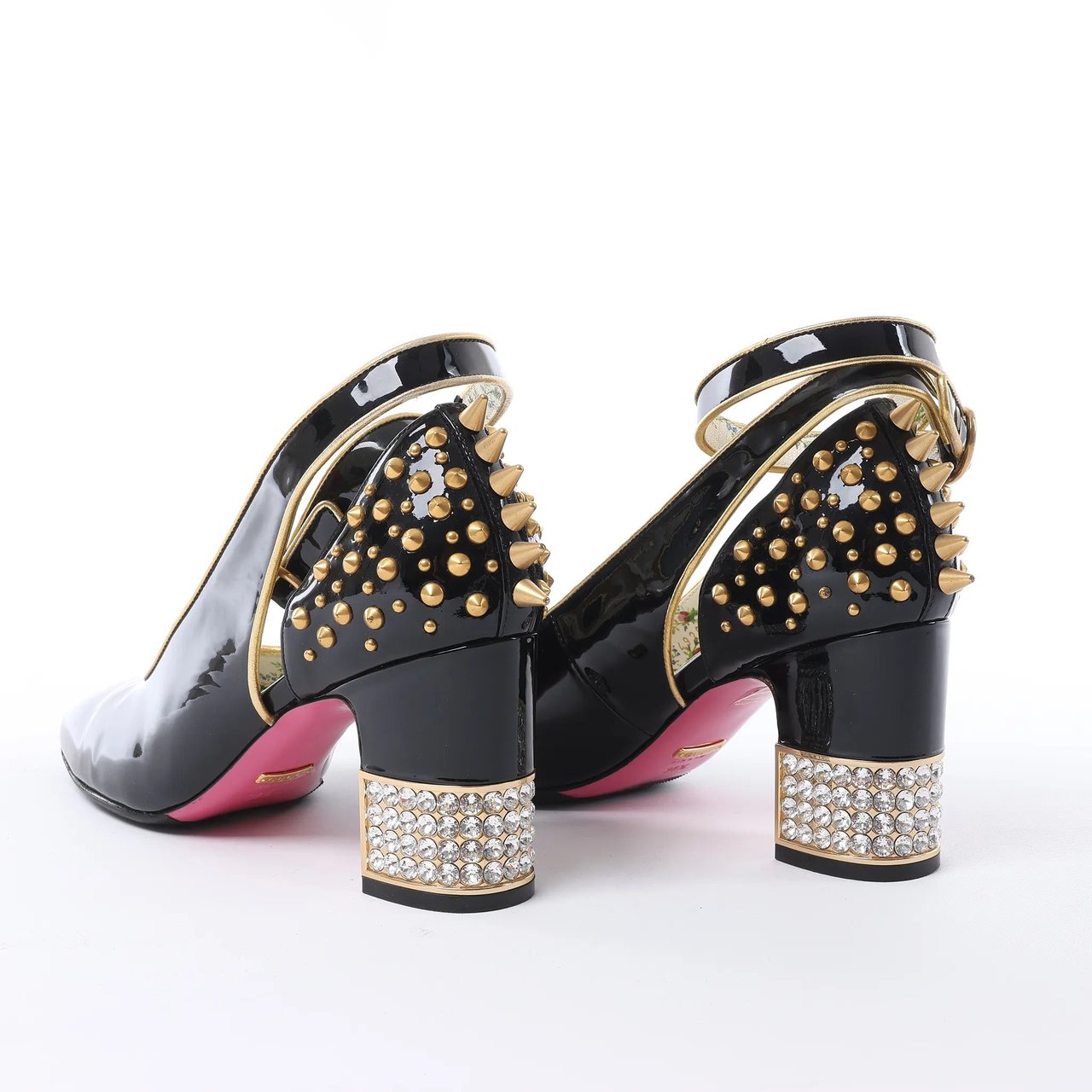 Gucci Caspar Patent Leather Strap Pumps in Black×Gold 492050, Size EU 38.5 Zwart