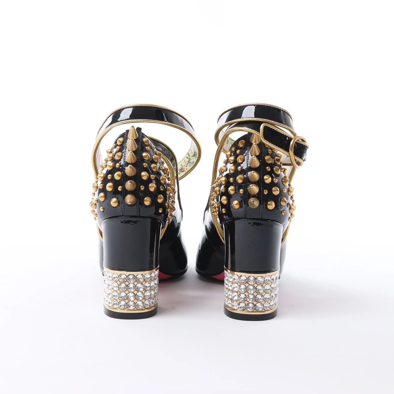 Gucci Caspar Patent Leather Strap Pumps in Black×Gold 492050, Size EU 38.5 Zwart