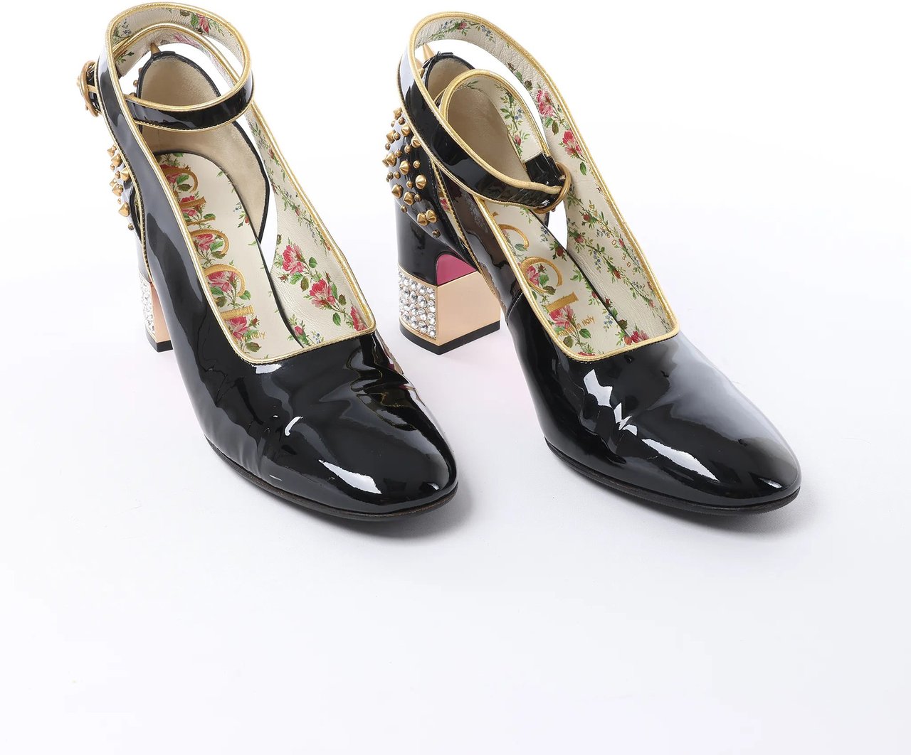 Gucci Caspar Patent Leather Strap Pumps in Black×Gold 492050, Size EU 38.5 Zwart