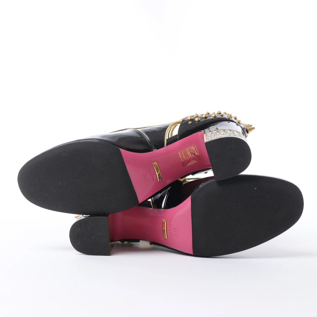 Gucci Caspar Patent Leather Strap Pumps in Black×Gold 492050, Size EU 38.5 Zwart