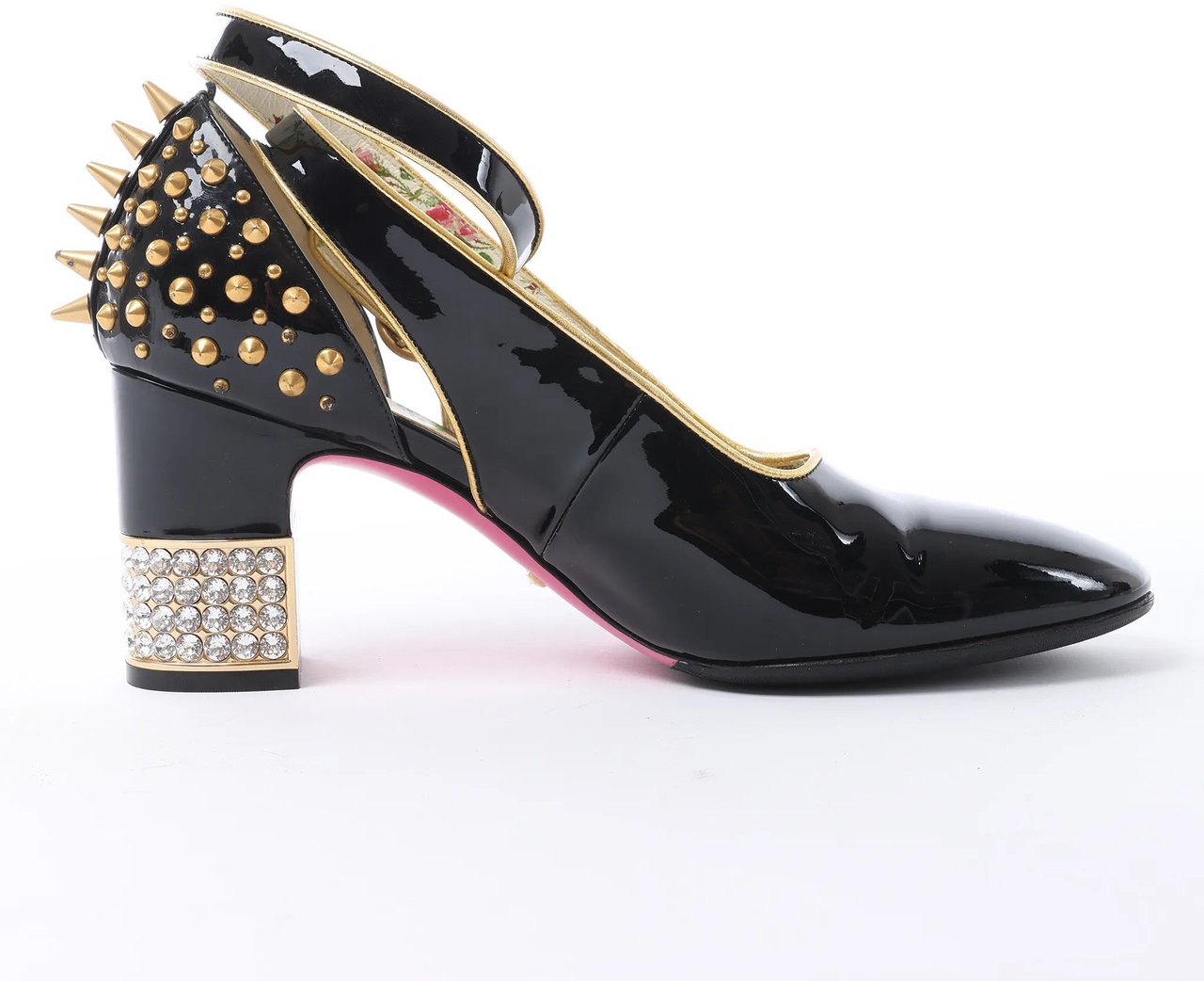 Gucci Caspar Patent Leather Strap Pumps in Black×Gold 492050, Size EU 38.5 Zwart