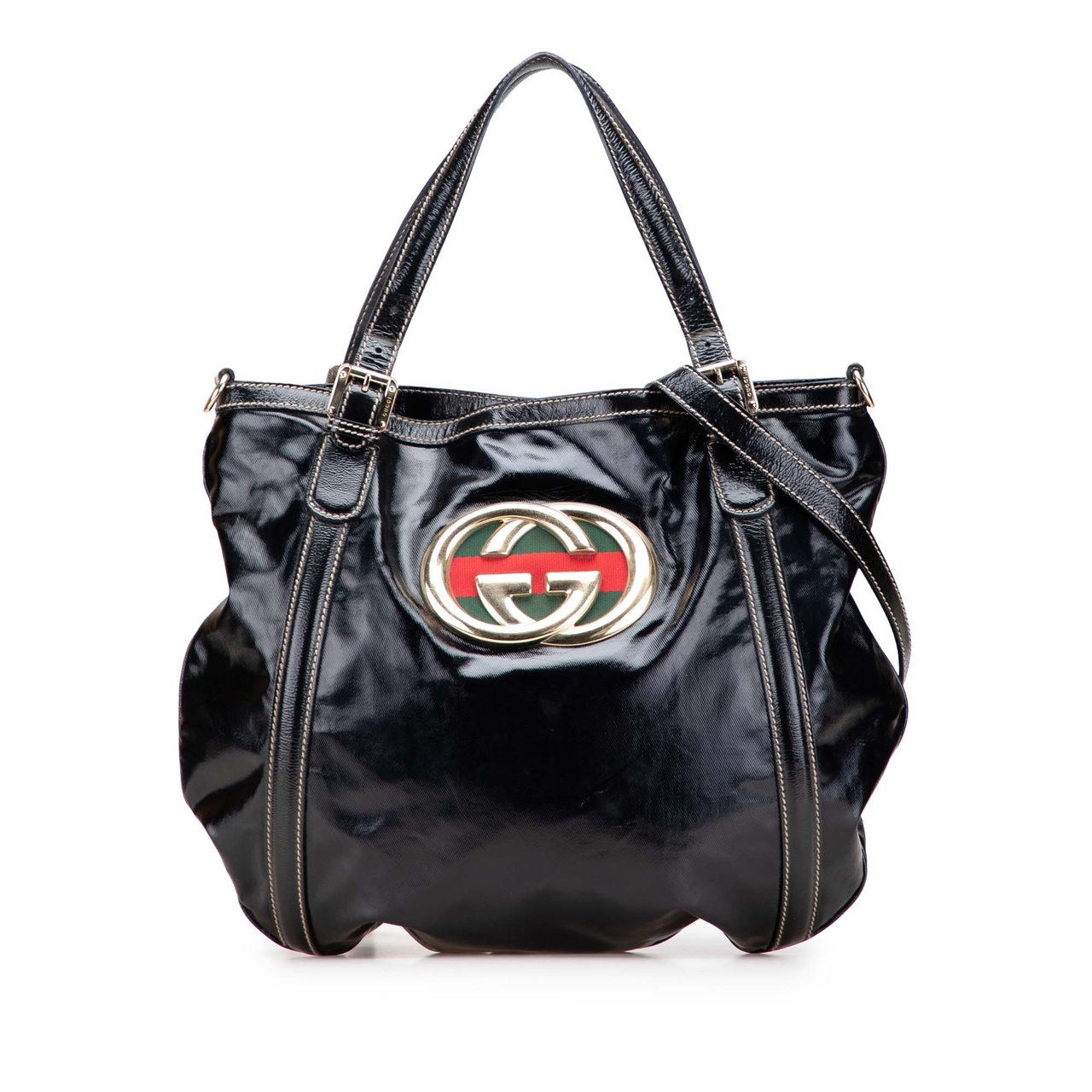 Gucci Medium Patent Web Britt Satchel Zwart
