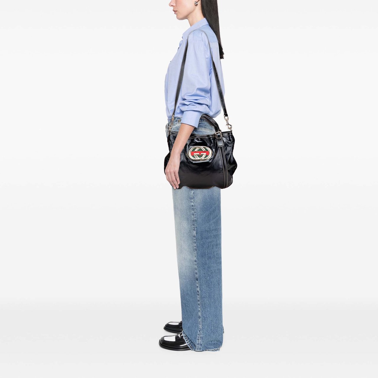 Gucci Medium Patent Web Britt Satchel Zwart