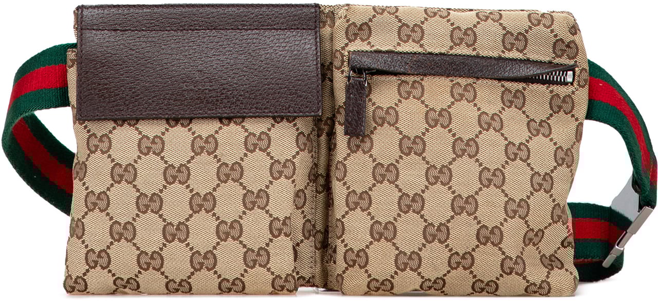 Gucci GG Canvas Web Double Pocket Belt Bag Bruin