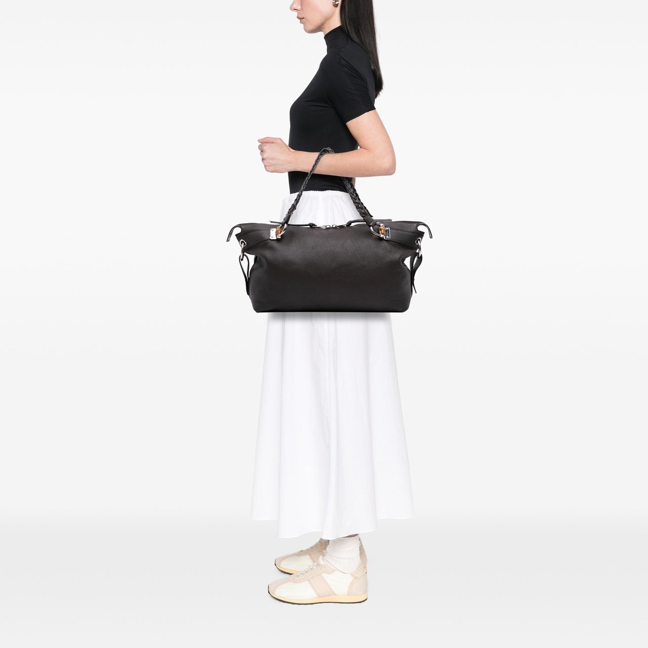 Gucci Large Pebbled Calfskin Bamboo Bar Tote Bruin