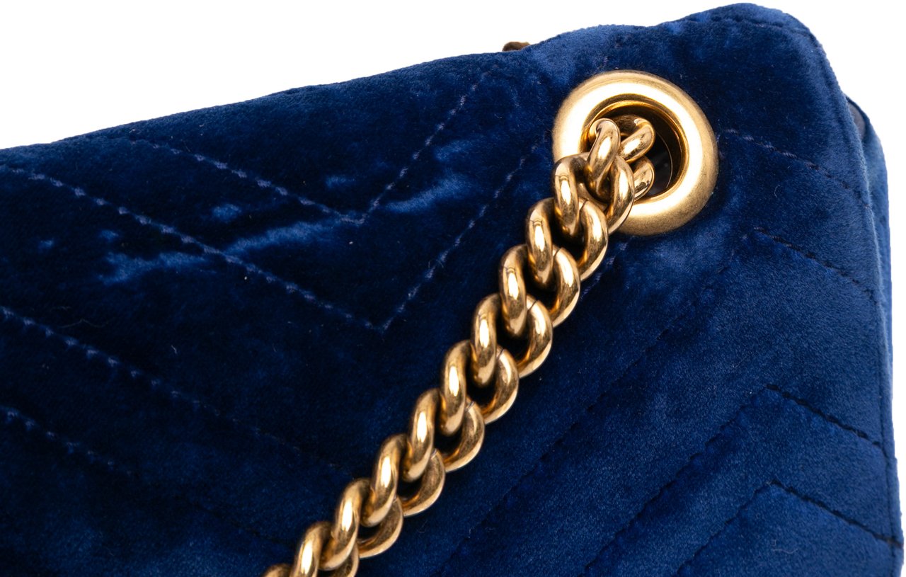 Gucci Large GG Marmont Matelasse Velvet Shoulder Bag Blauw