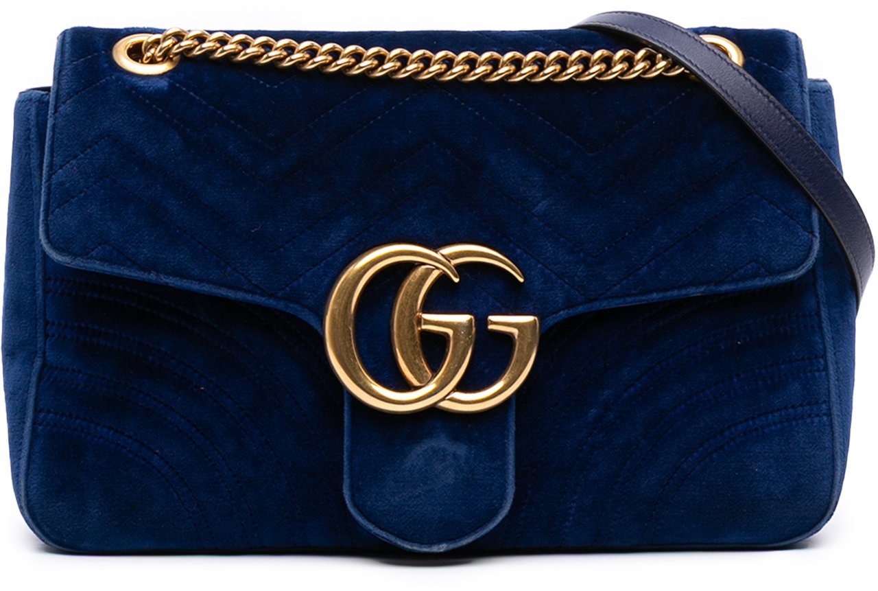 Gucci Large GG Marmont Matelasse Velvet Shoulder Bag Blauw