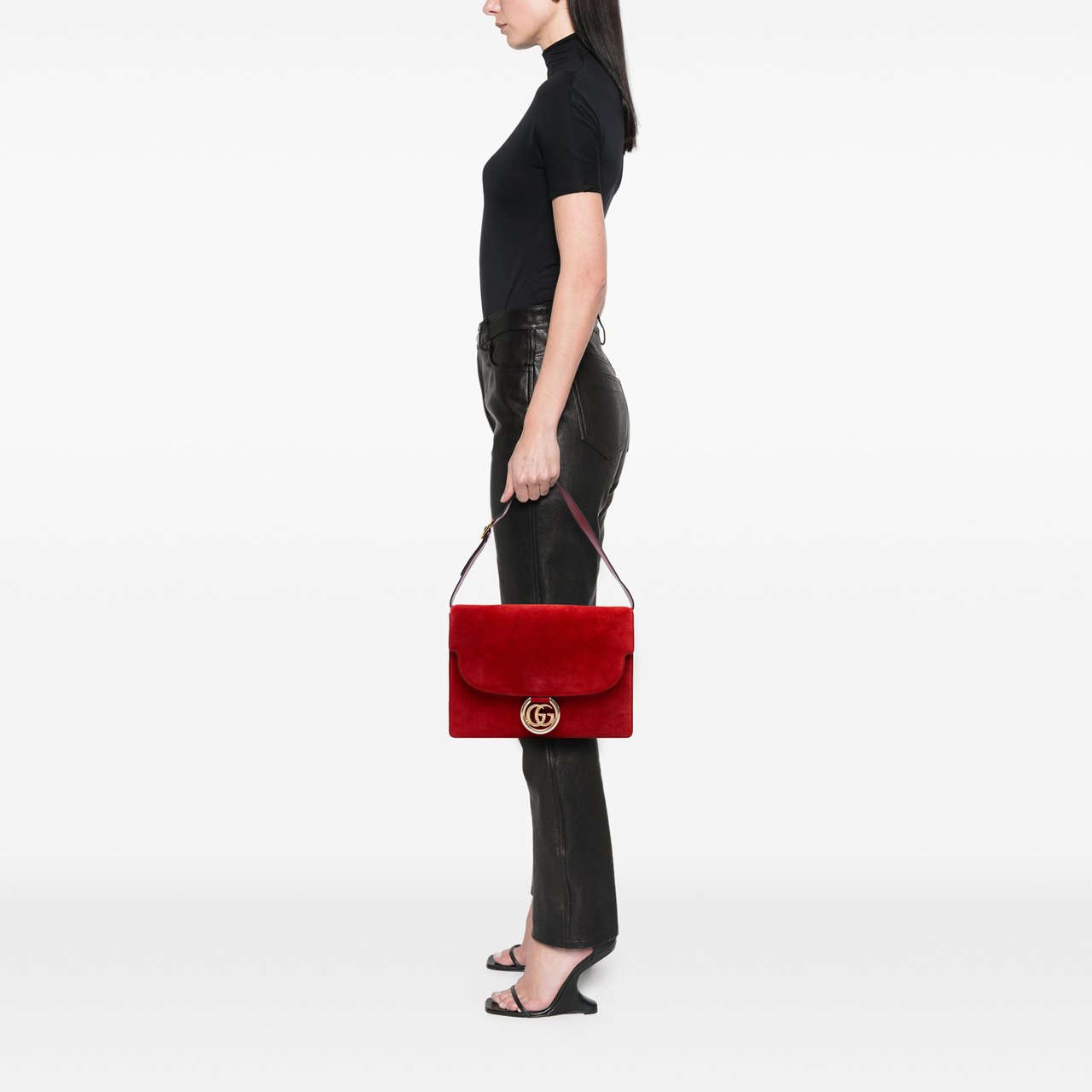 Gucci Medium Suede GG Ring Torchon Shoulder Bag Rood