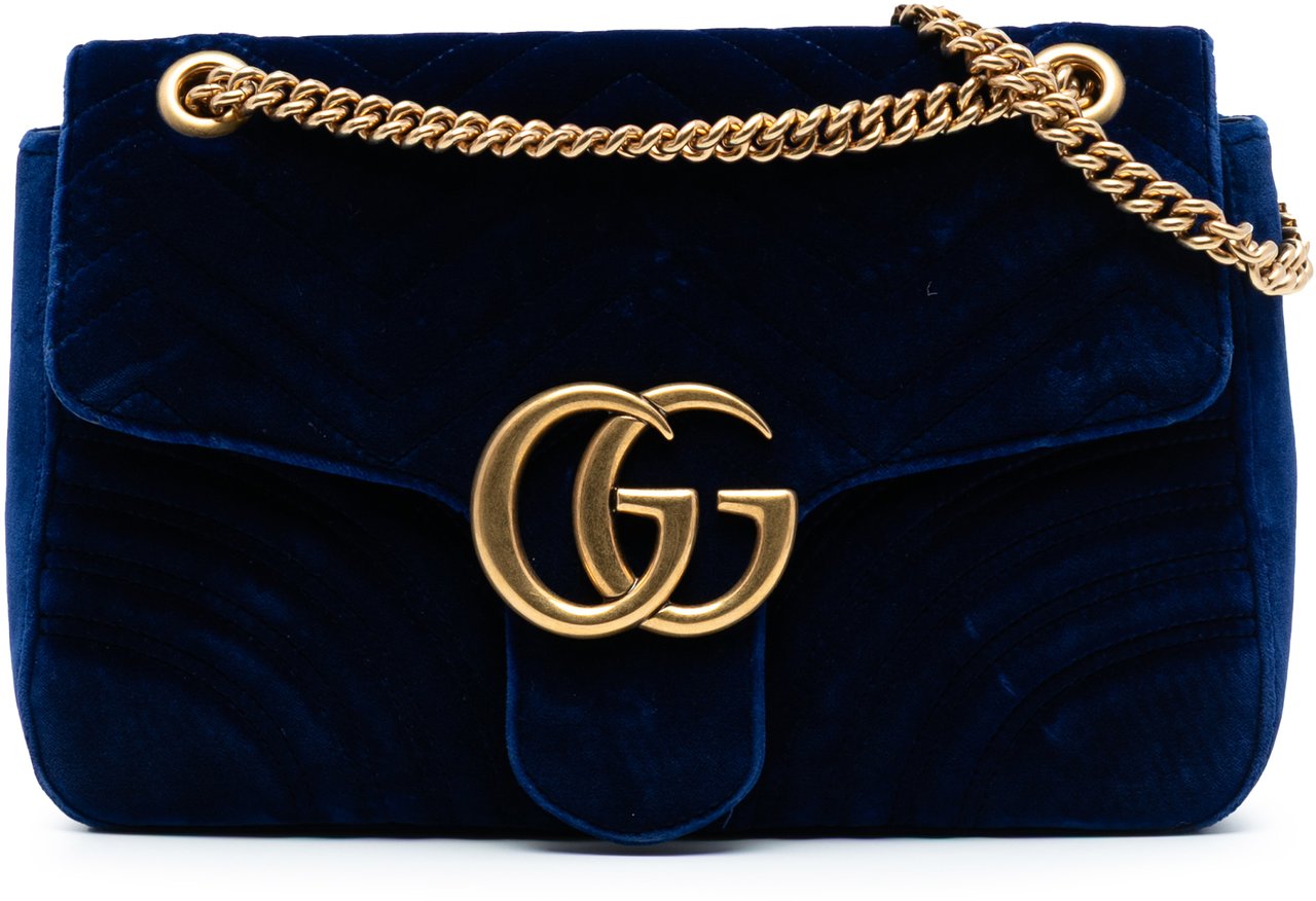 Gucci Large GG Marmont Matelasse Velvet Shoulder Bag Blauw