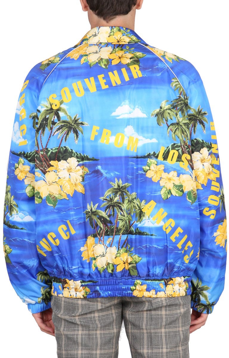 Gucci Nylon Jacket With Tropical Print And Yellow Accents Blauw